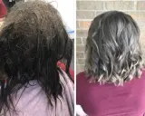 Vorher: stark verfilzte Haare. Nachher: glänzendes, gewelltes Haar.