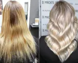 Vorher/Nachher: Blondierung mit Gelbstich korrigiert zu kühlem Blond.