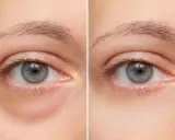 Vorher/Nachher-Vergleich: Ein blasses Gesicht mit deutlichen Augenringen wird zu einem frischeren Teint.