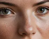 Nahaufnahme eines Gesichts mit Sommersprossen und sichtbaren Poren. Manche sagen, Milien gehen von alleine weg, aber diese Haut zeigt andere Spuren.
