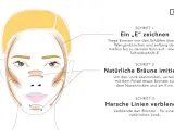 Schritt-für-Schritt-Anleitung zum Bronzer auftragen: Ein "E" zeichnen, natürliche Bräune imitieren und Linien verblenden für einen natürlichen Look.