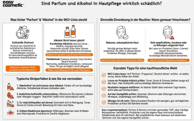 Alkohol denat. gut oder schlecht? Kurzkettige Alkohole können reizen, Fettalkohole sind oft unkritisch. Bei empfindlicher Haut auf reizarme Optionen achten.