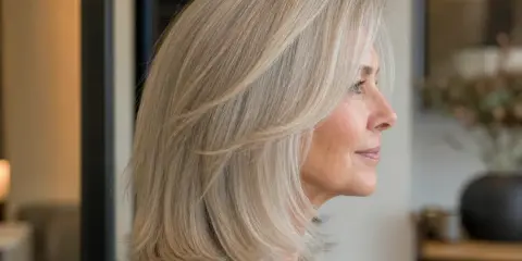 Frau mit blondem Haar, das einen Butterfly Cut trägt, ungestylt und natürlich fallend.