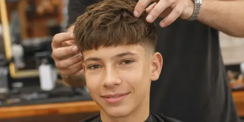 Ein Junge mit einem modernen Haarschnitt, der von einem Friseur gestylt wird. Tolle Frisuren für Jungs!