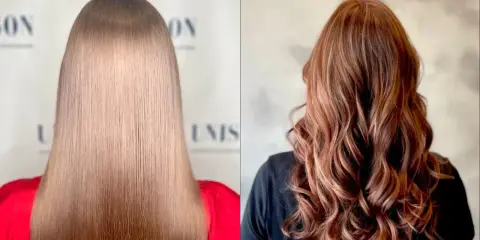 Vorher-Nachher-Vergleich: Glattes, hellbraunes Haar wird zu voluminösen, kupferfarbenen Wellen. Was ist Glossing? Ein Hauch von Farbe und Glanz.