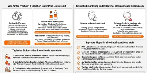 Alkohol denat. gut oder schlecht? Kurzkettige Alkohole können reizen, Fettalkohole sind oft unkritisch. Bei empfindlicher Haut auf reizarme Optionen achten.