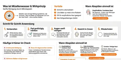 Mizellenwasser reinigt sanft durch Mikrokapseln. Es löst Schmutz & Make-up. Abspülen ist je nach Hauttyp sinnvoll.