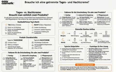 Die Grafik erklärt die Unterschiede zwischen Tages- und Nachtcreme. Eine gute gesichtspflege routine berücksichtigt Hauttyp und Bedürfnisse.