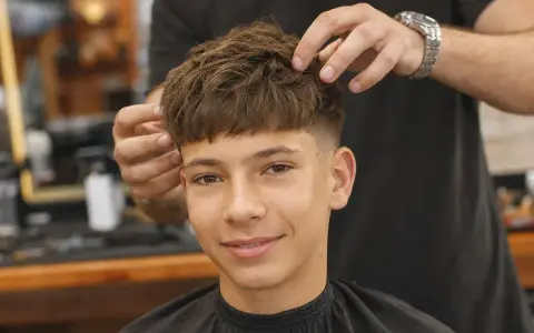 Ein Junge mit einem modernen Haarschnitt, der von einem Friseur gestylt wird. Tolle Frisuren für Jungs!