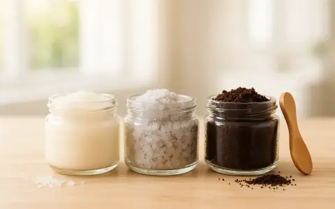 Drei Gläser mit Zutaten für ein Peeling selber machen trockene Haut: eine cremige Masse, Salzkristalle und Kaffeesatz.