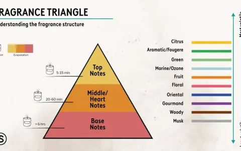 Duftpyramide: Kopfnote (5-15 Min.), Herznote (20-60 Min.) und Basisnote (> 6 Std.). Zeigt Duftnoten von Zitrus bis Moschus.