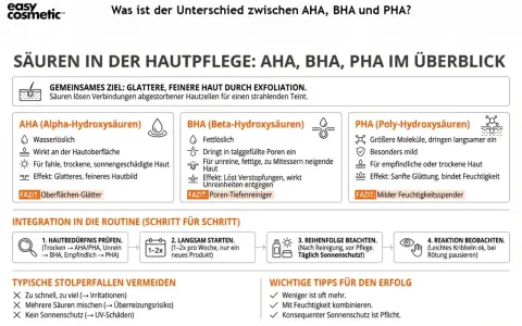 Infografik erklärt AHA, BHA, PHA Säuren für die Hautpflege. AHA für Oberflächenglätte, BHA für Poren-Tiefenreinigung, PHA als milder Feuchtigkeitsspender. Aha, bha, pha – die richtige Wahl für strahlende Haut.