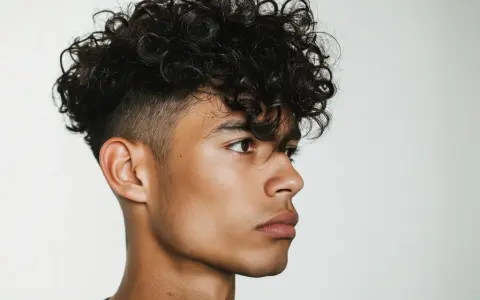 Ein junger Mann mit vollen, dunklen locken haare jungs. Sein Haar ist oben länger und lockig, während die Seiten kurz geschnitten sind.