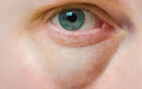 Nahaufnahme eines blauen Auges mit deutlichen gelben Augenringen, die auf Müdigkeit oder eine Verletzung hindeuten.