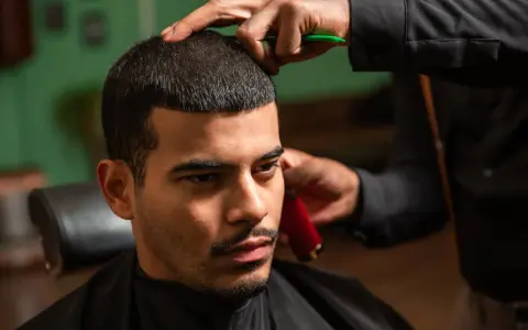 Ein Mann bekommt einen **langer buzz cut** beim Friseur. Die Haare werden mit einer Schere und einem Trimmer in Form gebracht.