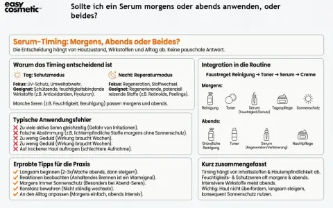 Hyaluron Serum morgens oder abends? Feuchtigkeits- und Schutzseren passen oft morgens und abends. Intensivere Wirkstoffe meist abends.