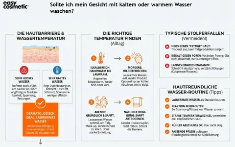 Lauwarmes Wasser ist ideal zum Gesicht reinigen. Es schont die Hautbarriere und unterstützt die Reinigung ohne Stress.