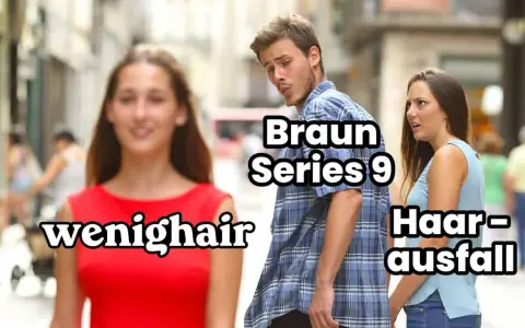 Mann schaut Frau mit "wenighair" an, während seine Freundin mit "Haarausfall" und dem Braun Series 9 Rasierer unzufrieden ist.