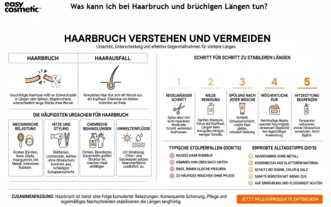Was tun bei Haarbruch? Die Grafik erklärt Ursachen wie mechanische Belastung und Hitze, sowie Schritte zur Stabilisierung: regelmäßiger Schnitt, milde Reinigung, Spülung, Kur und Hitzeschutz.