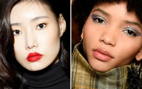 Zwei Gesichter: Einmal mit klassischem roten Lippenstift, einmal mit funkelndem Lidschatten und Steinchen. Perfekt für weihnachts make up einfach.