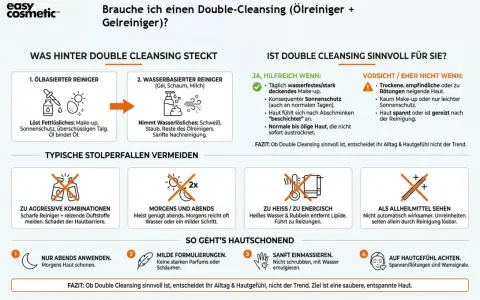 Double Cleansing: Ölreiniger löst Fett, Wasserreiniger entfernt Wasserlösliches. Sinnvoll bei Make-up & Sonnenschutz. Vorsicht bei empfindlicher Haut.