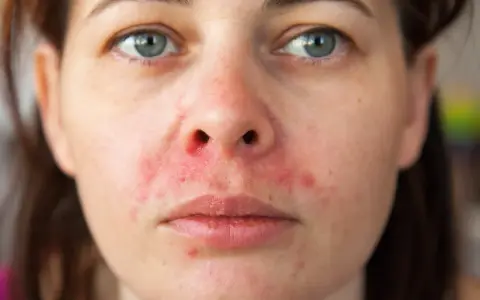 Nahaufnahme eines Gesichts mit perioraler Dermatitis, die sich durch Rötungen und Schuppen um Mund und Nase zeigt.