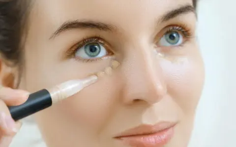 Frauenhand trägt Concealer auf, um Falten zu kaschieren. So gelingt das Concealer richtig auftragen bei Falten.