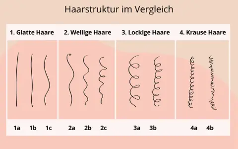 Vergleich von Haarstrukturen: glatt, wellig, lockig und kraus. Ein Haarstruktur Test zeigt die Unterschiede.