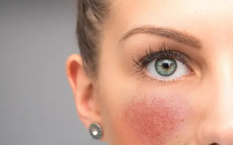 Nahaufnahme eines Gesichts mit geröteten Wangen. Tipps zur **Rosacea vorbeugen** helfen, die Haut zu beruhigen.