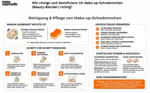 Schritt-für-Schritt-Anleitung: Make-up-Schwamm reinigen. Lauwarmes Wasser, mildes Mittel, sanft kneten, ausdrücken, lufttrocknen lassen.