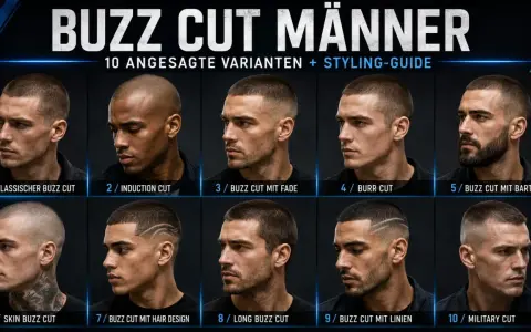 Zehn Männer mit verschiedenen Buzz Cut Frisuren, von kurz bis etwas länger, wie dem "Long Buzz Cut".