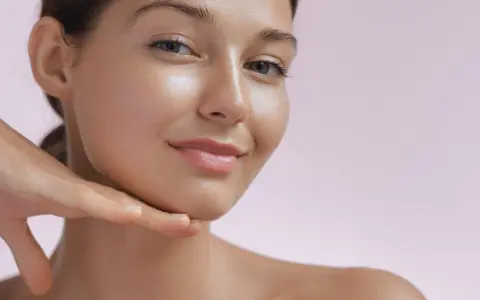Ein Gesicht mit strahlendem, glowy Make-up und einem sanften Lächeln, die Hand berührt das Kinn.