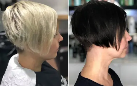 Zwei Frauen mit modernen kurzhaarfrisuren, einmal blond, einmal schwarz.
