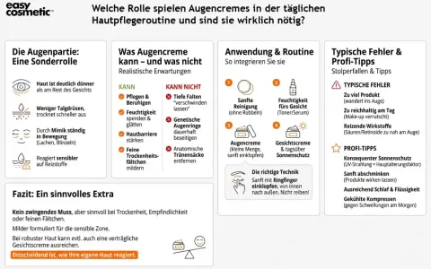Augencreme ist sinnvoll bei Trockenheit, Empfindlichkeit oder feinen Fältchen. Sie pflegt, beruhigt und stärkt die Hautbarriere. Die richtige Anwendung ist entscheidend.