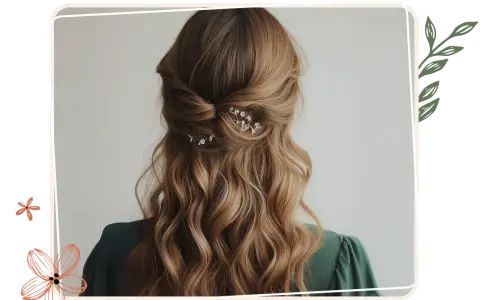 Elegante Frisur für Hochzeitsgäste: Halbhochgestecktes Haar mit sanften Wellen und zarten Blüten-Haarnadeln.