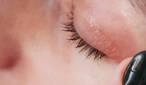 Nahaufnahme einer trockenen Stelle unterm Auge, die mit einem dunklen Nagellackstift berührt wird.