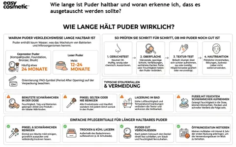 Puder ist lange haltbar, wenn es trocken gelagert wird. So erkennst du, ob die Haltbarkeit von Kosmetik abgelaufen ist.