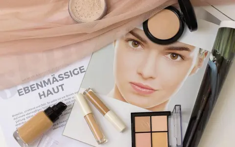 Make-up für ebenmäßige Haut: Foundation, Concealer, Puder und Konturpalette liegen bereit.
