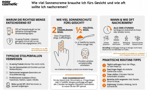 Die Grafik erklärt, wie viel Sonnencreme fürs Gesicht nötig ist: 2 Fingerlängen oder ½ Teelöffel. Regelmäßiges Nachcremen ist wichtig.