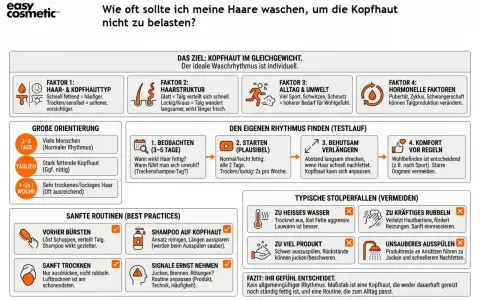 Die Grafik erklärt, wie oft Haare waschen, um die Kopfhaut nicht zu belasten. Sie berücksichtigt Faktoren wie Haartyp, Struktur, Alltag und Hormone.