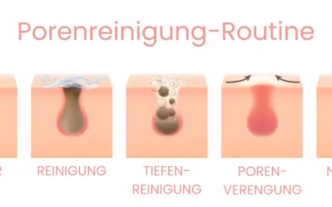 Illustration zeigt die Reinigung von Poren, die schwarze Punkte auf der Haut enthalten. Die Schritte umfassen Vorher, Reinigung, Tiefenreinigung, Porenverengung und Nachher.
