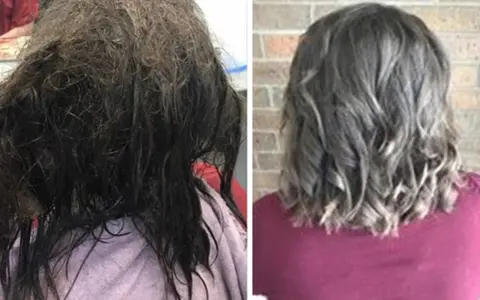 Vorher: stark verfilzte Haare. Nachher: glänzendes, gewelltes Haar.