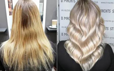 Vorher/Nachher: Blondierung mit Gelbstich korrigiert zu kühlem Blond.