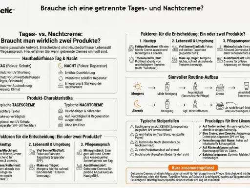 Die Grafik erklärt die Unterschiede zwischen Tages- und Nachtcreme. Eine gute gesichtspflege routine berücksichtigt Hauttyp und Bedürfnisse.