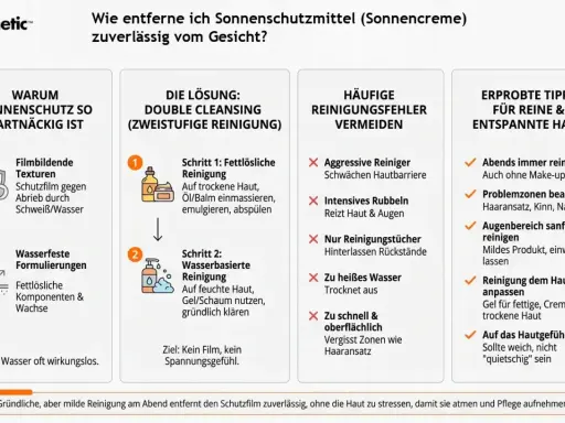 Sonnencreme muss man abwaschen. Die Grafik zeigt, warum Sonnenschutz hartnäckig ist und wie man ihn mit Double Cleansing entfernt.