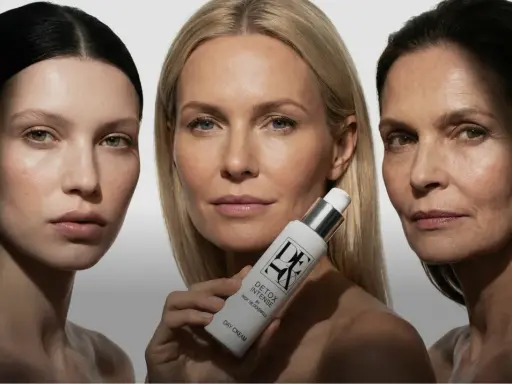 Drei Frauen unterschiedlichen Alters präsentieren eine Creme zur Hautentgiftung.