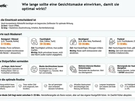 Die ideale Einwirkzeit für Gesichtsmasken liegt meist zwischen 5-20 Min. Je nach Maskentyp (z.B. peelend 5-10 Min., feuchtigkeitsspendend 10-20 Min.) variiert die Dauer.