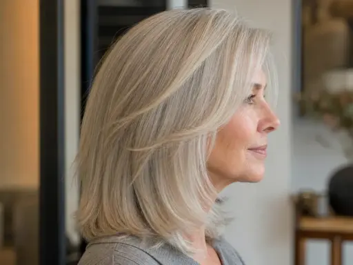 Frau mit blondem Haar, das einen Butterfly Cut trägt, ungestylt und natürlich fallend.