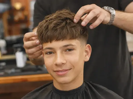 Ein Junge mit einem modernen Haarschnitt, der von einem Friseur gestylt wird. Tolle Frisuren für Jungs!