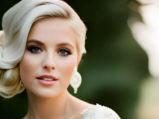 Eine Braut mit elegantem Haar und strahlendem Blick, die zeigt, wie man Braut Make-up selber machen kann.